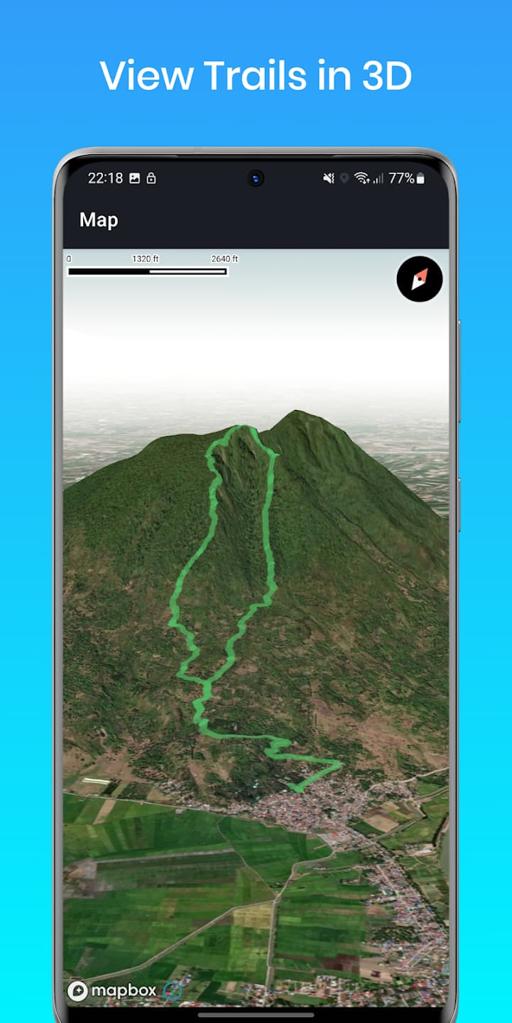 AltoTrails showing a route over 3D terrain with elevation shading