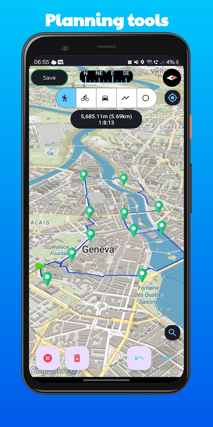 Route planner with an elevation profile under the map